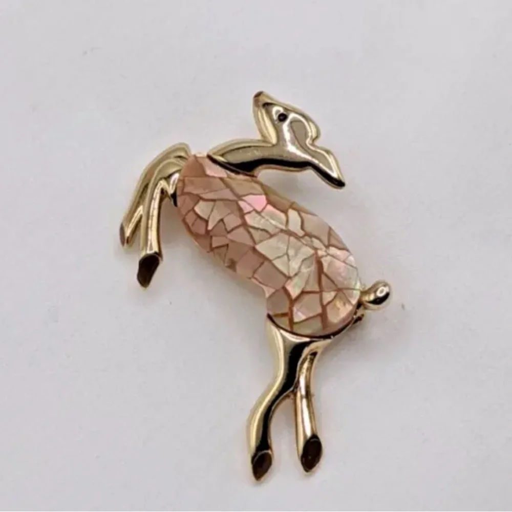 Liz Claiborne Christmas Brooch Pin Vintage Deer Rudolf MOP Crackle Estate - Picture 5 of 7